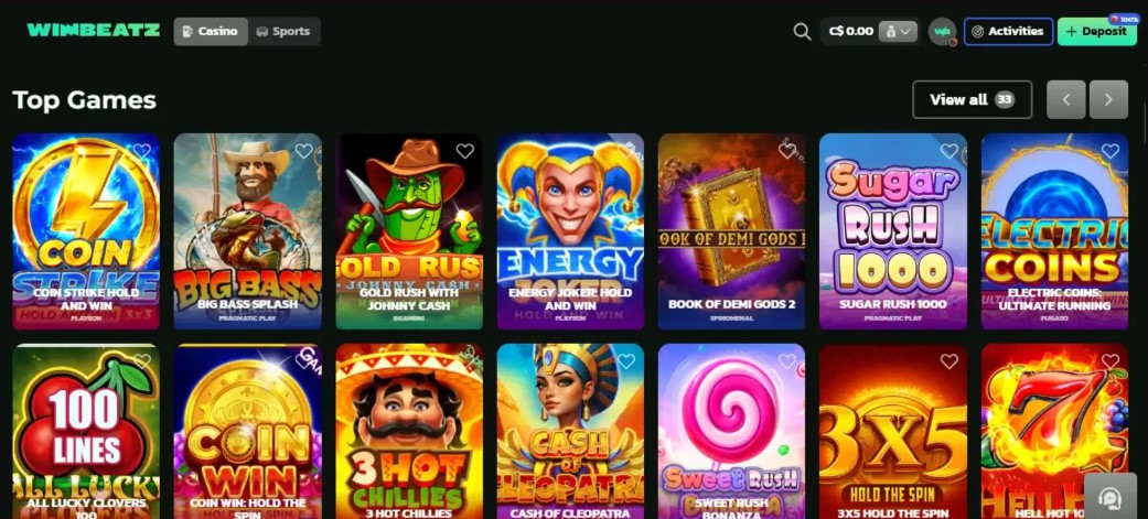WinBeatz game picker listing the six slots eligible for UPLAY100 spins